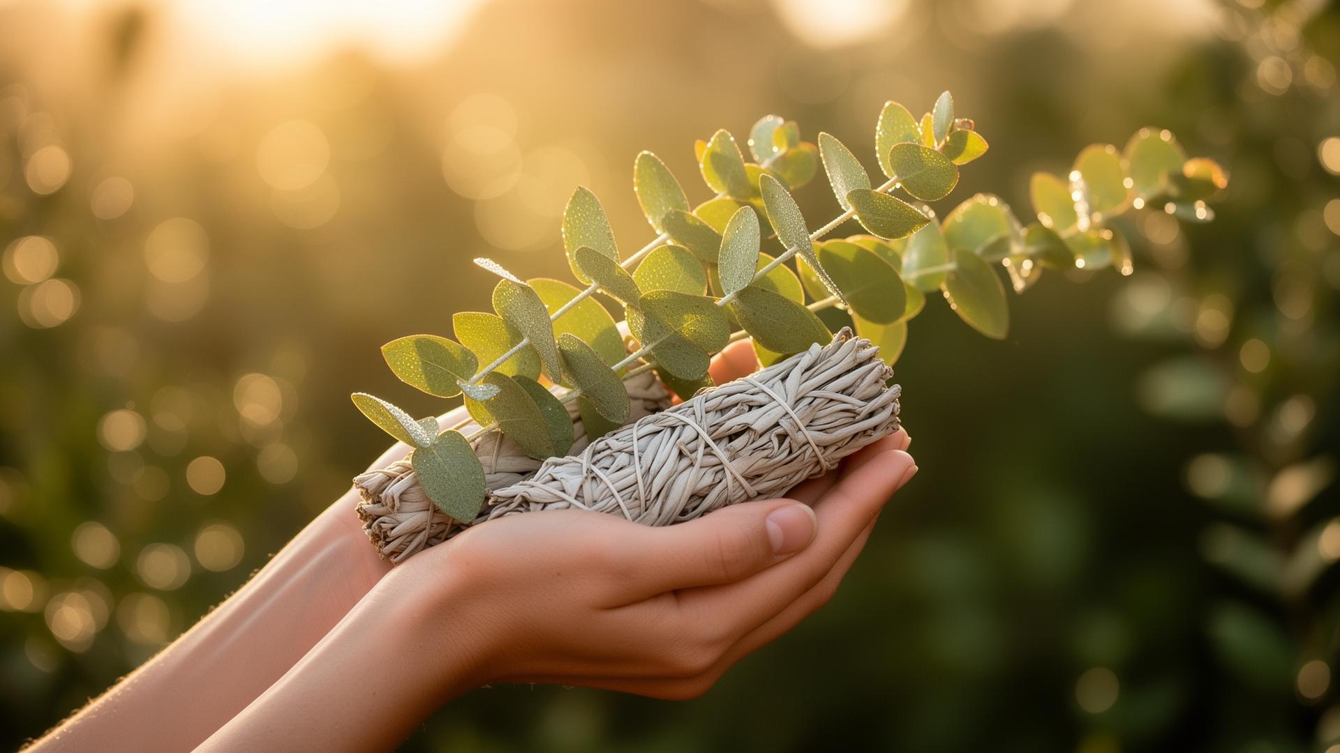 Hands cradling a sage and eucalyptus bundle in golden light — Mantra Botanicals & Wellness in South Houston, TX
